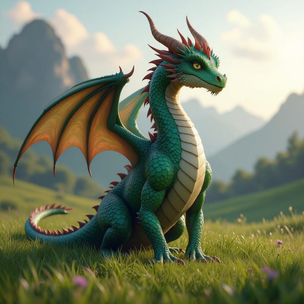 Friendly Lady Dragon in Fairy-Tale Style on a Field