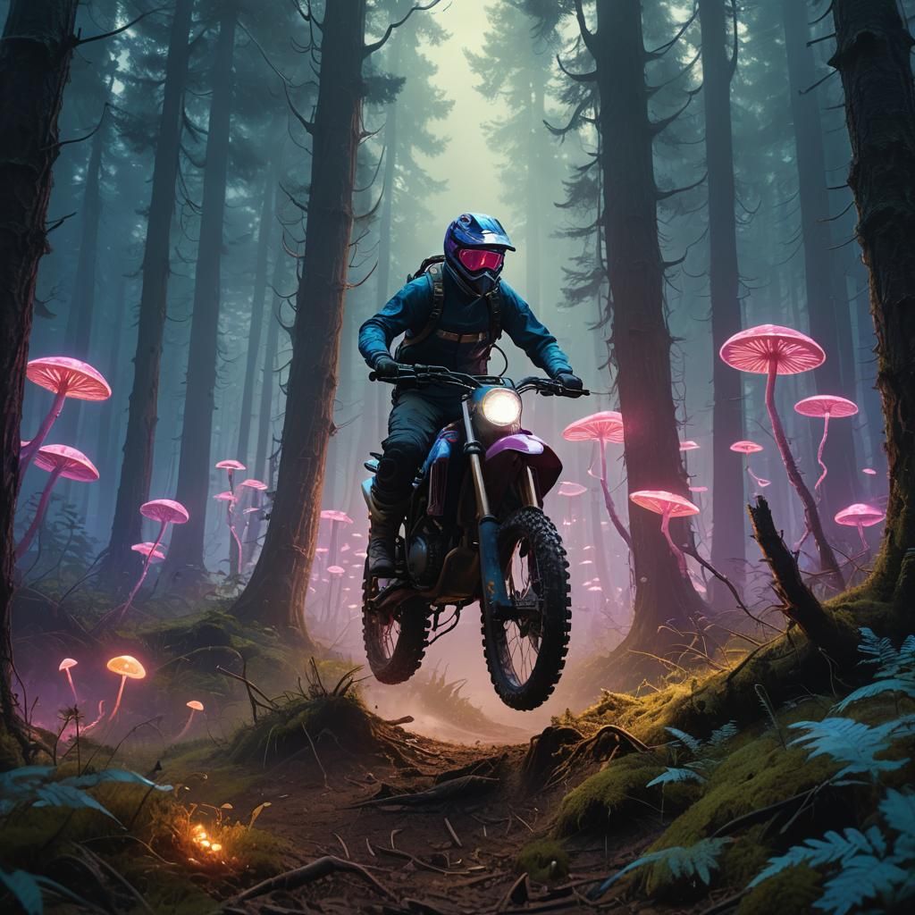 Dirt Bike Rider in Mystical Forest: Fantasy Matte Painting