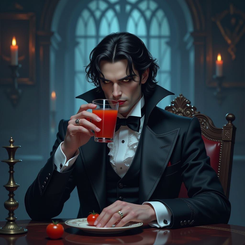 Vampire Sipping Tomato Juice in Gothic Setting