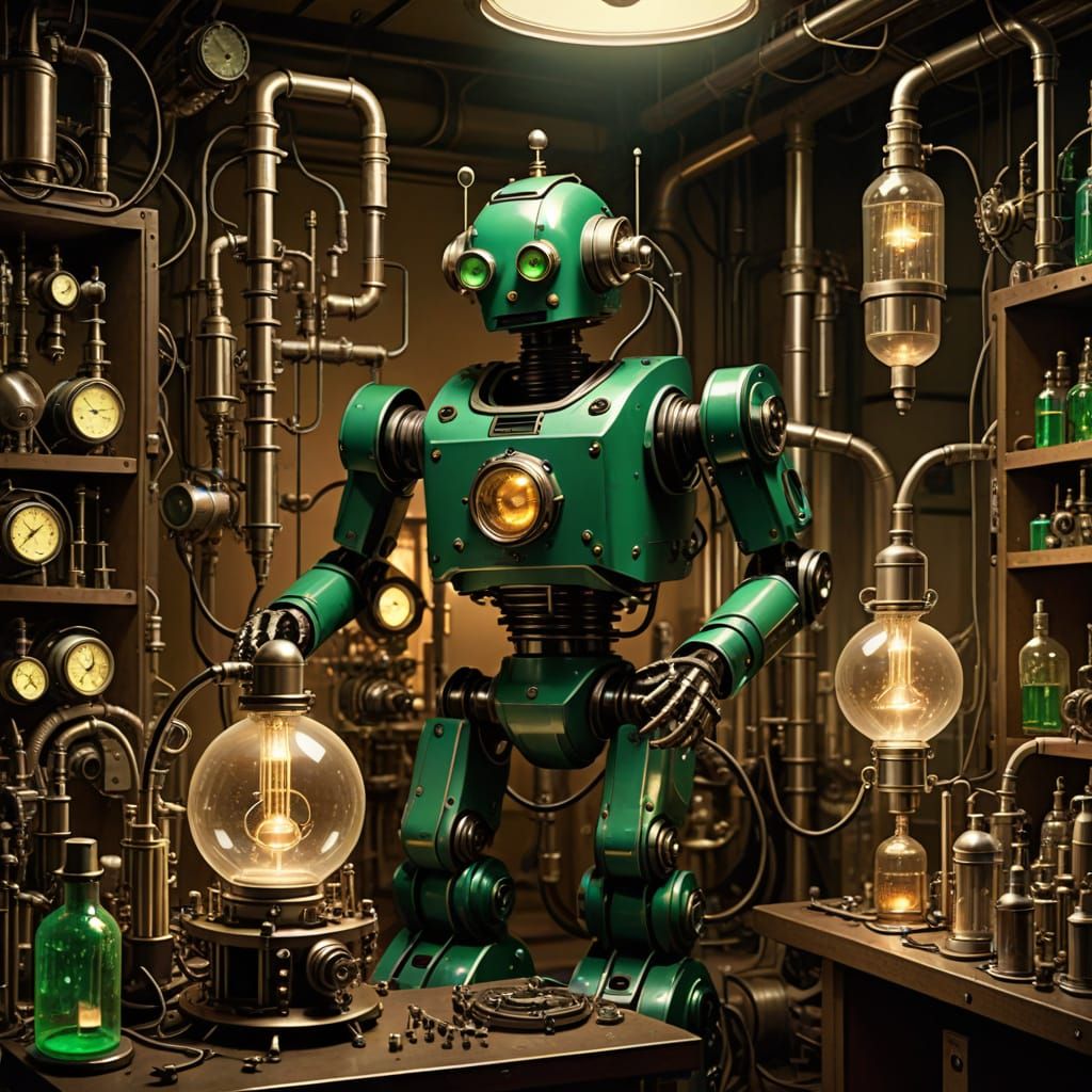 Retro Robot Assistant in Emerald-toned Laboratory