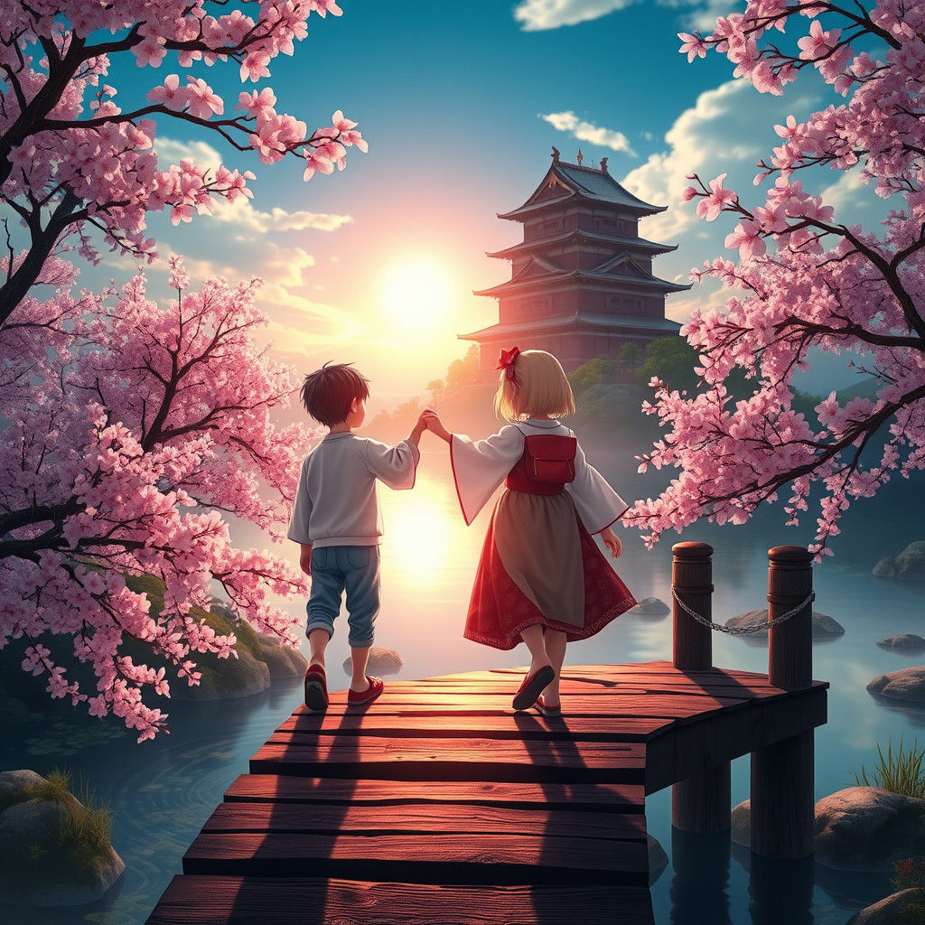 Japanese Boy and Girl Holding Hands, Fantasy Art