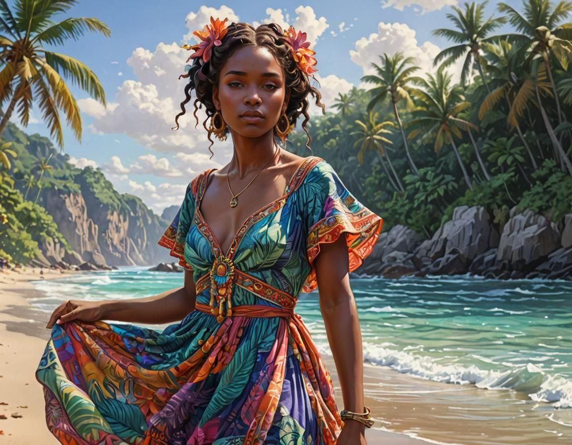 Tropical Beach Woman in Stylized Watercolor