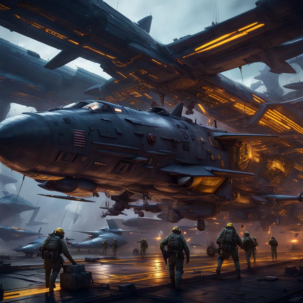 Futuristic Military Aircraft Attack on Naval Base