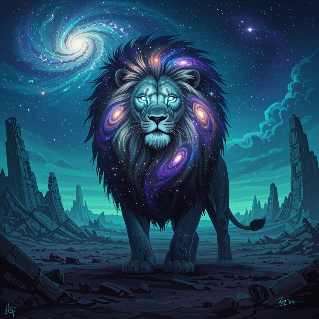 Cosmic Lion on Alien Planet in Cosmic Horror Style