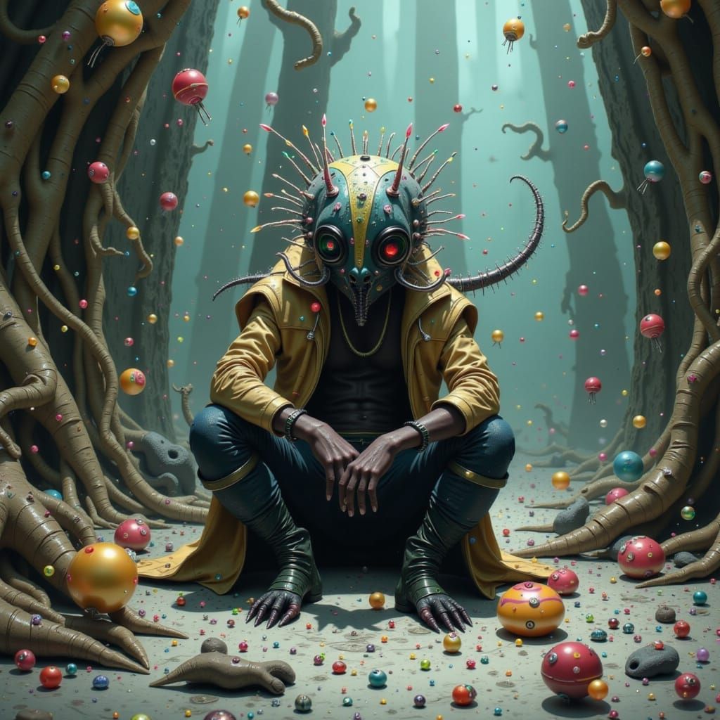 Anxious Person Surrounded by Pins in Dystopian Style