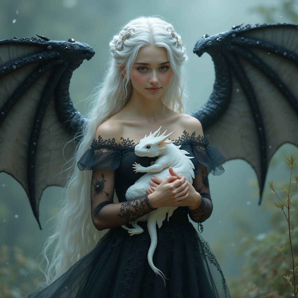 Ethereal Goddess with Black Wings and Flowing Hair