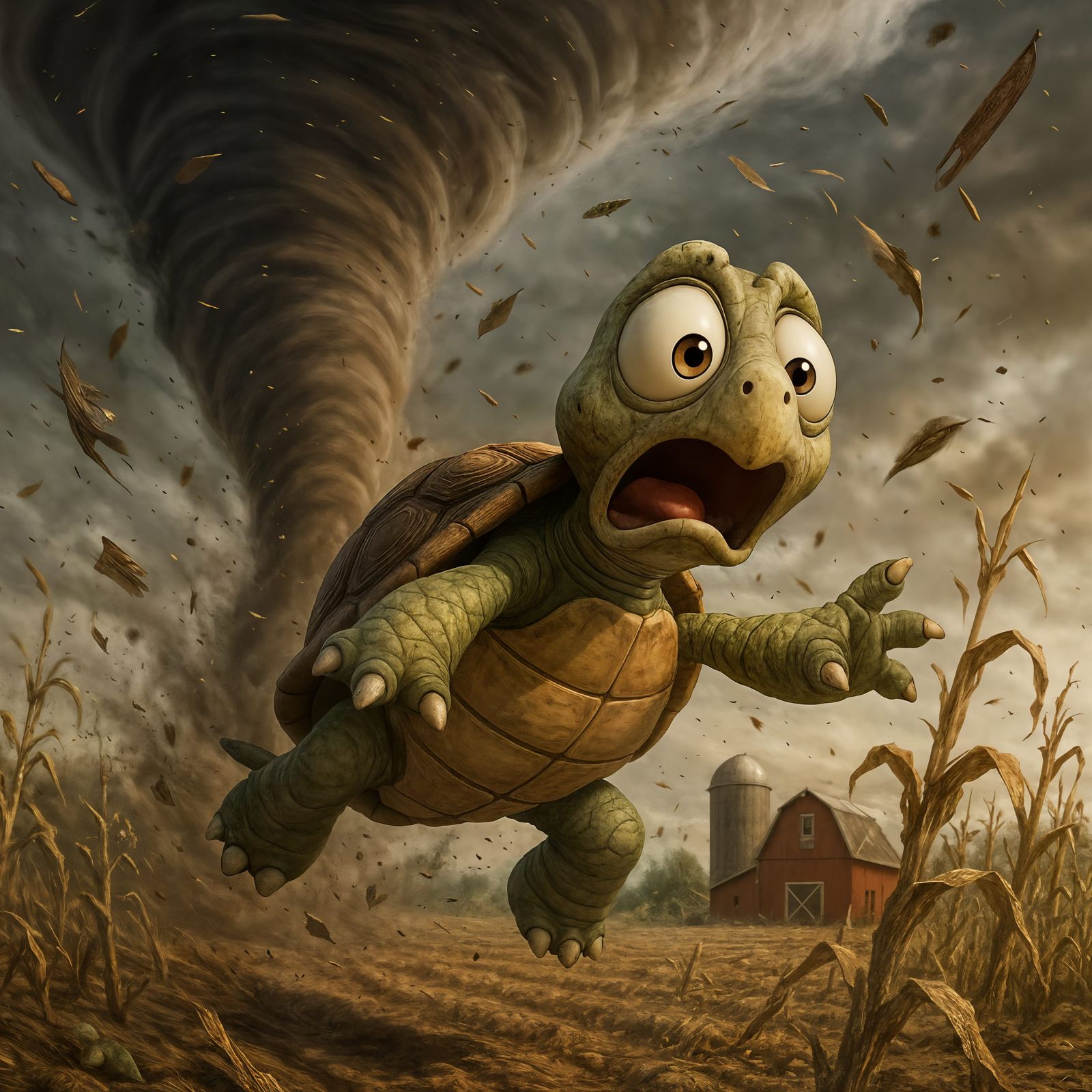 Scared Cartoon Turtle in Tornado Over Farmland