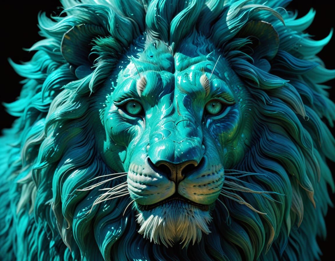 Surreal Turquoise Lion in Dreamlike Setting