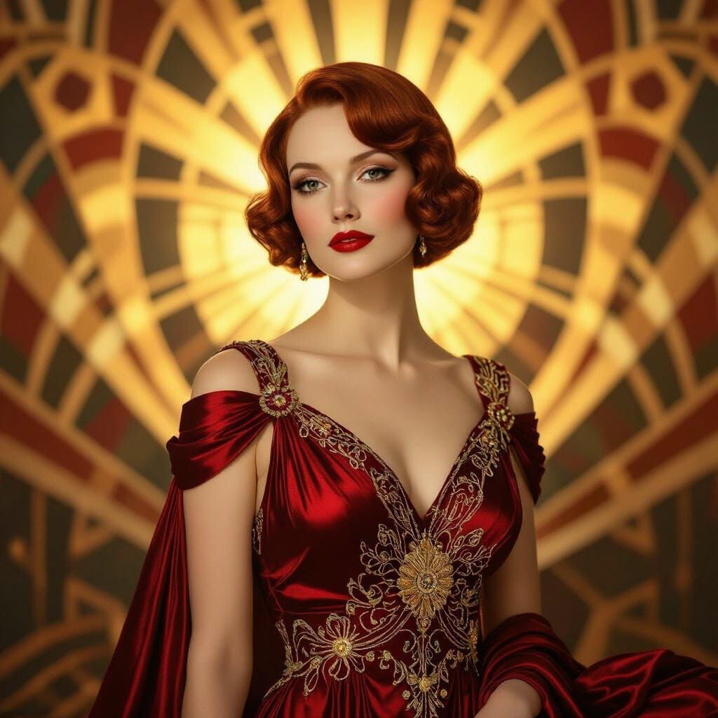 Art Deco Woman in Crimson Silk Gown