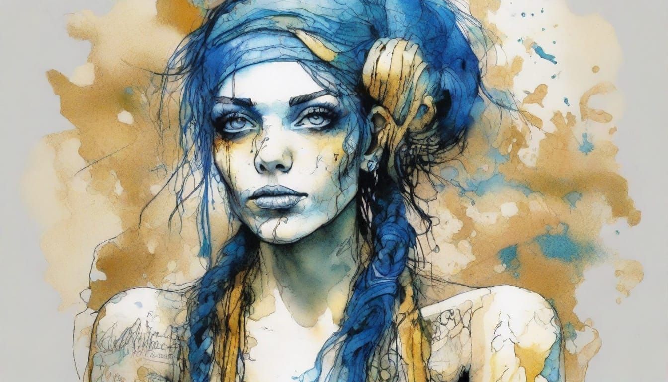 French Tart with Blue Hair in Watercolor Splash Art