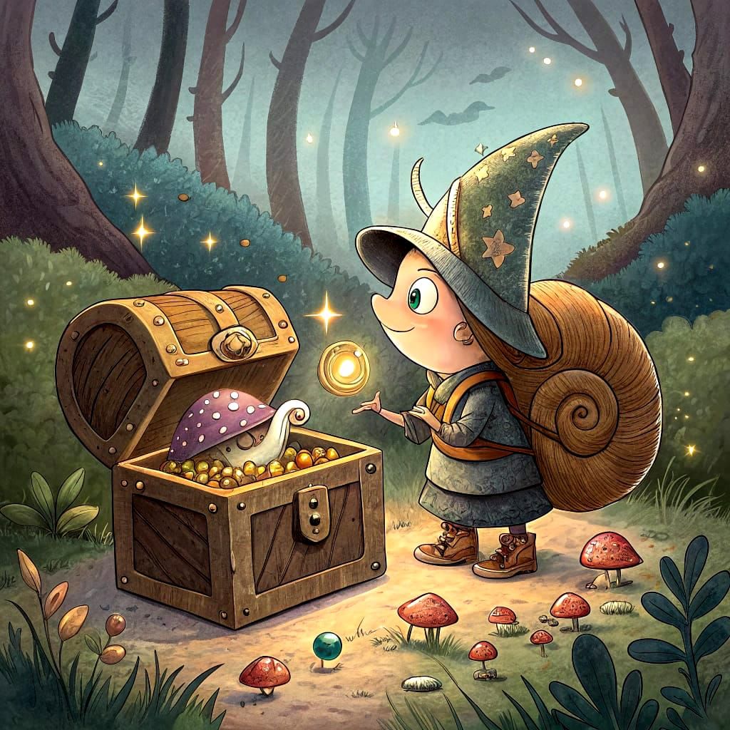 Snail Adventurer Finds Treasure in Whimsical Fantasy Style