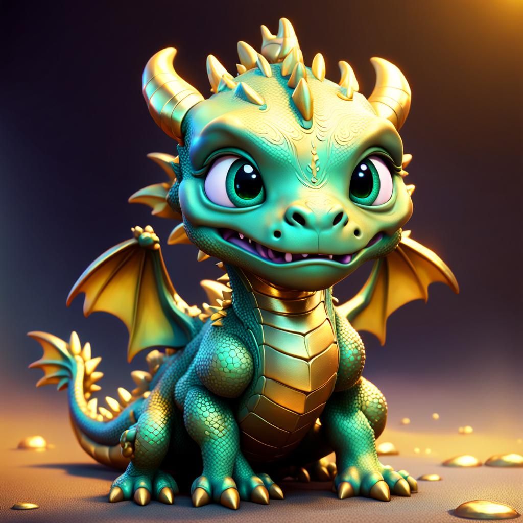 Sad Golden Baby Dragon Crying: 3D Digital Art