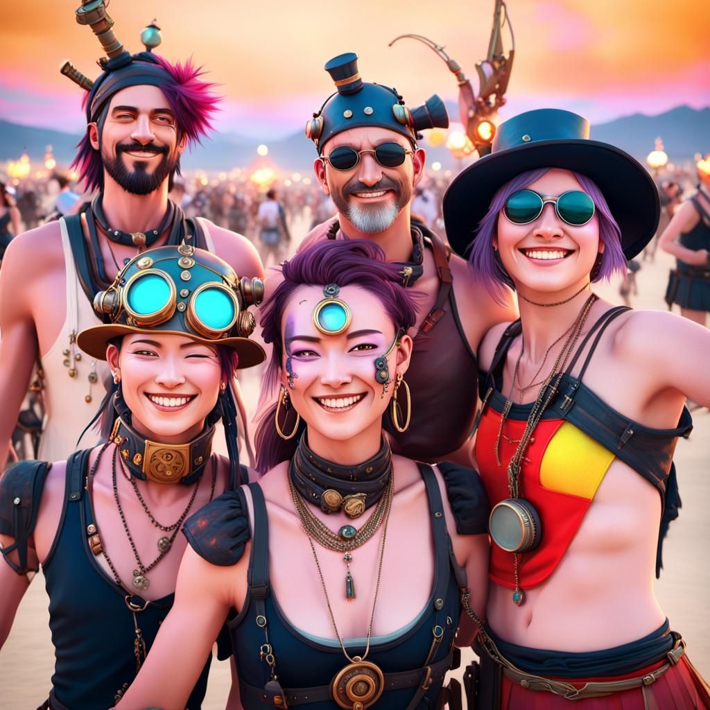 Steampunk Anime Burning Man Celebration at Dusk