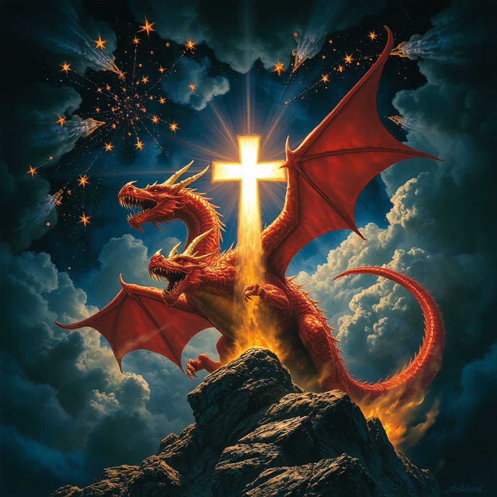 Fiery Seven-Headed Dragon in Epic Fantasy Sky