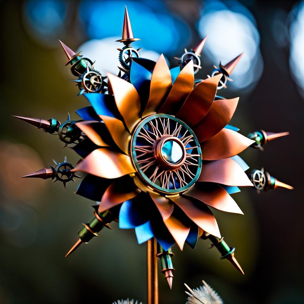 Steampunk Metal Flowers in a Colorful Garden