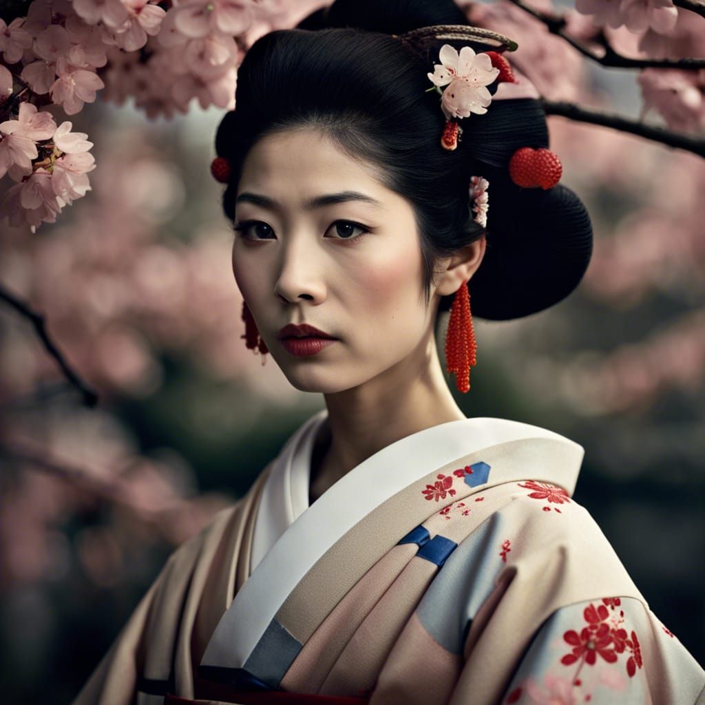 Stunning Japanese Geisha Portrait with Cherry Blossoms