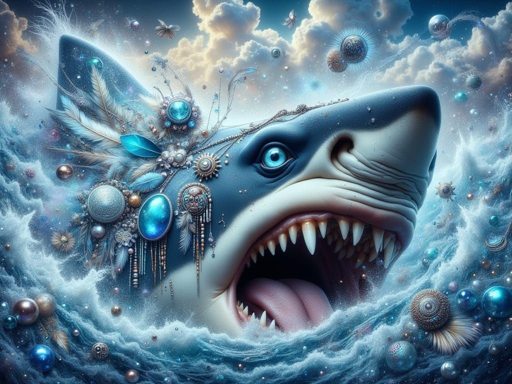 Hyperdetailed Shark Face in Ocean Waves