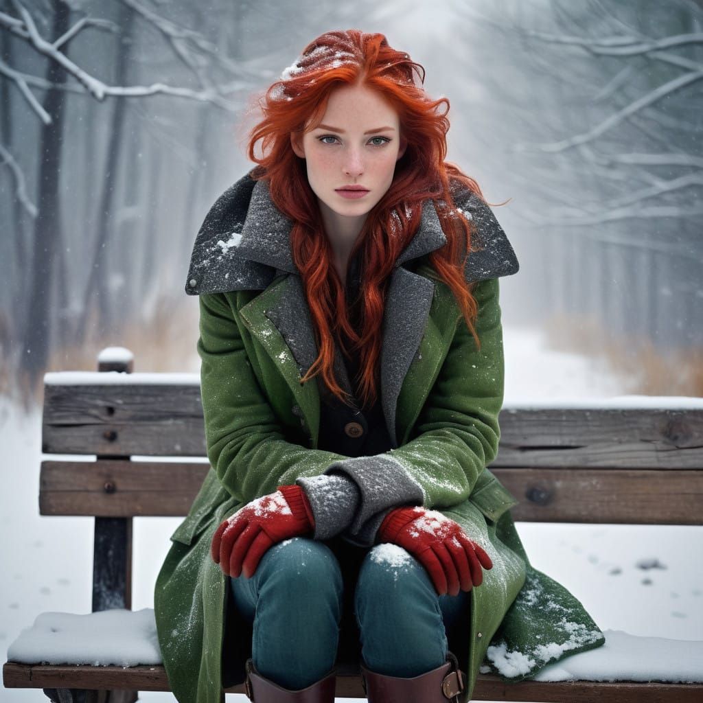 Serene Snow-Kissed Woman Lost in Thought