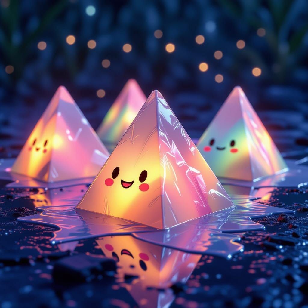 Melting Translucent Pyramids with Faces: CGI Art