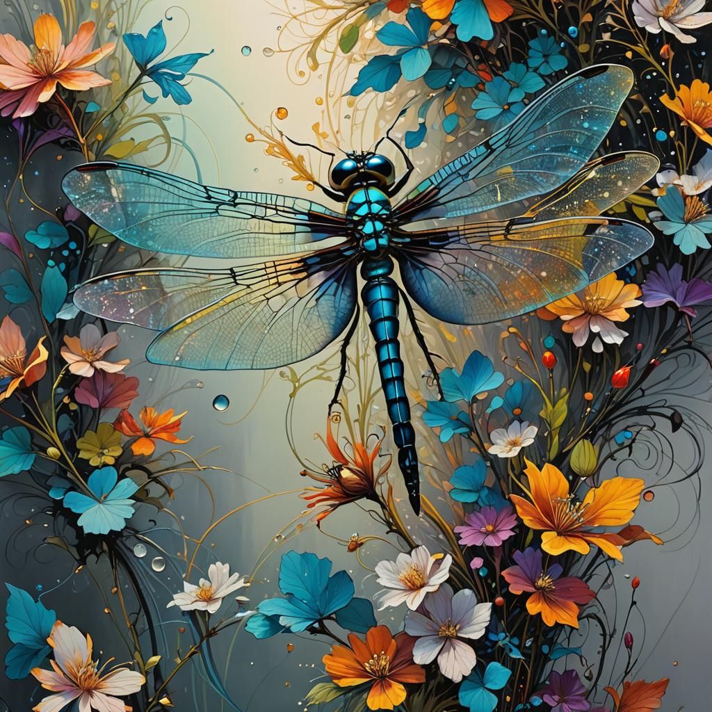 Psychedelic Dragonfly Nectar Portrait in Gouache Style