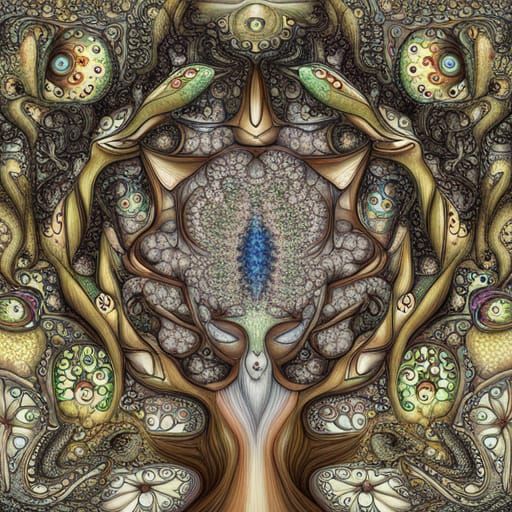 Joyful Alien Dragon-Mice in Fractal Garden, Gouache Art