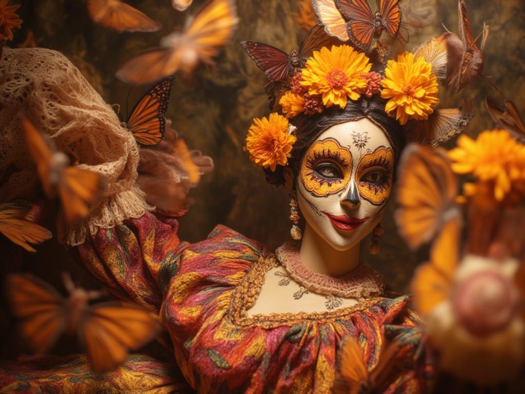 Dia de Los Muertos Woman with Flowers and Butterflies