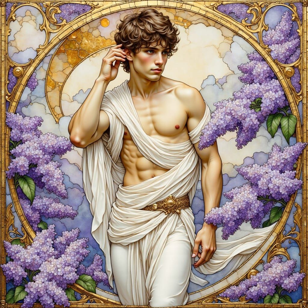 Lilac Flowers and Man in Stained Glass Style
