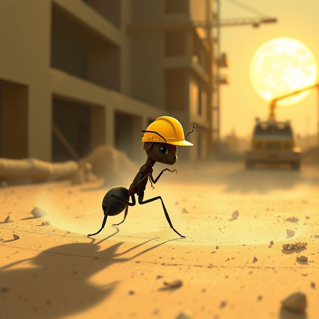 Determined Ant in Hard Hat on Construction Site