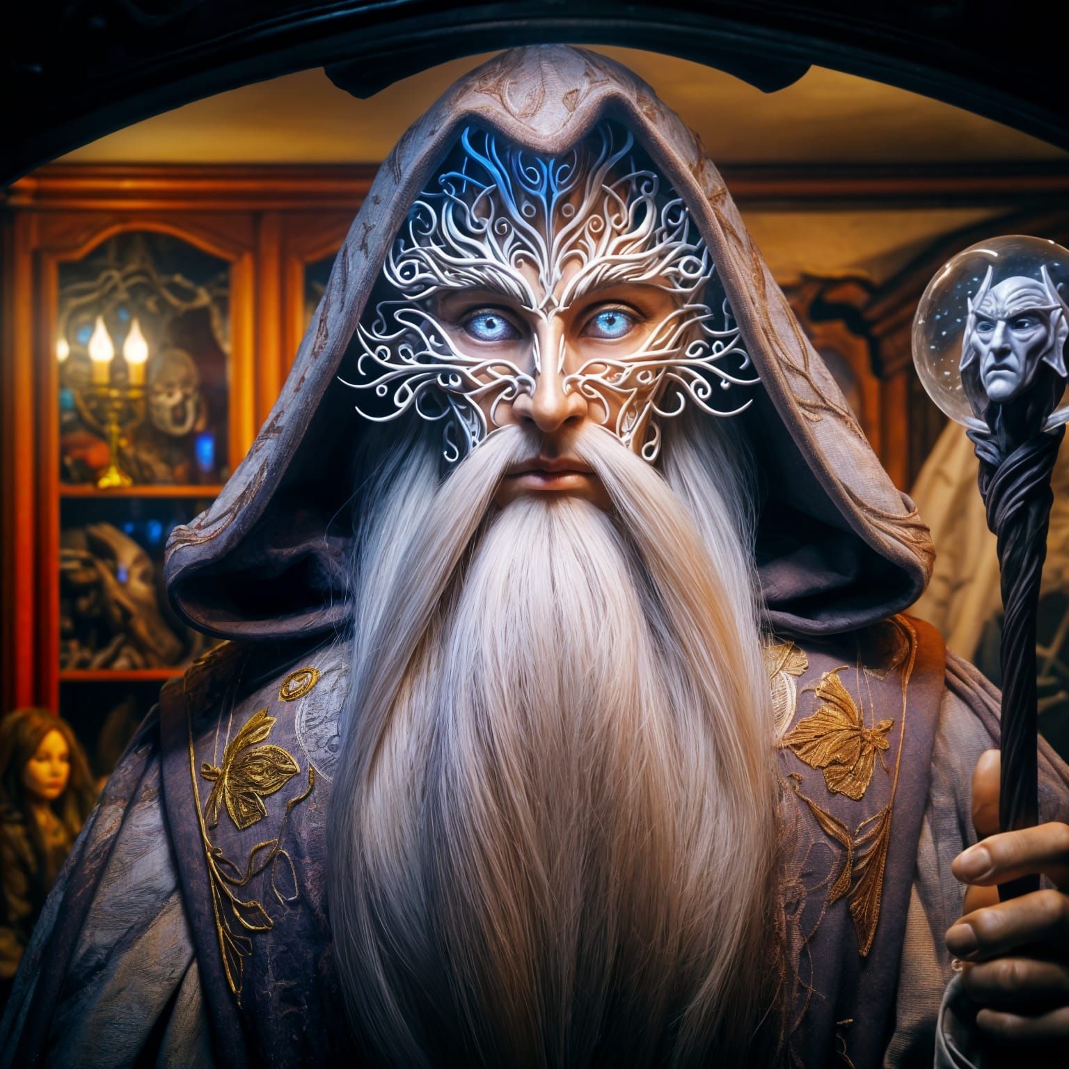 Wizard Wearing Enchanting Elvish Mask in Cartoon Style
