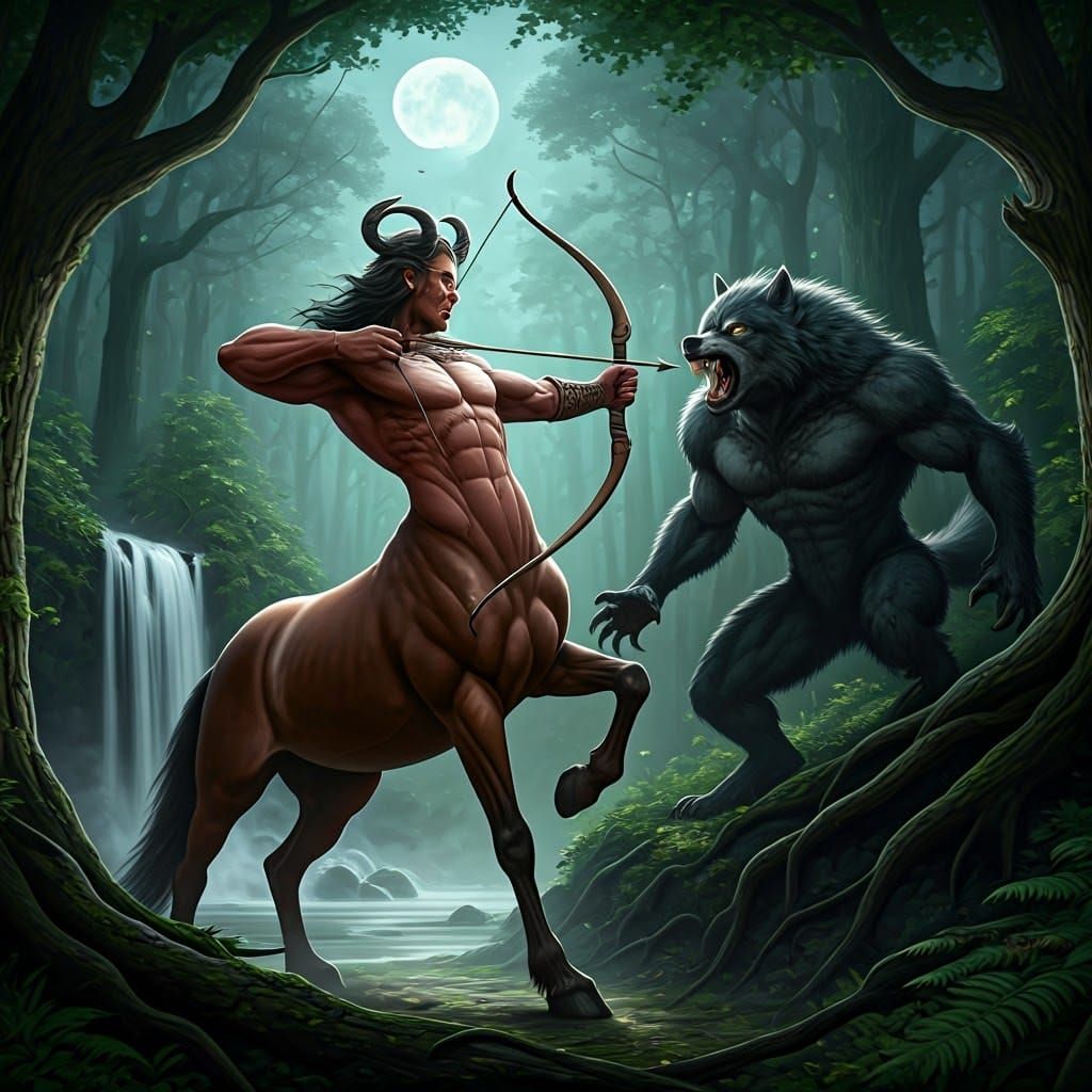 Centaur and Werewolf in Moonlit Forest