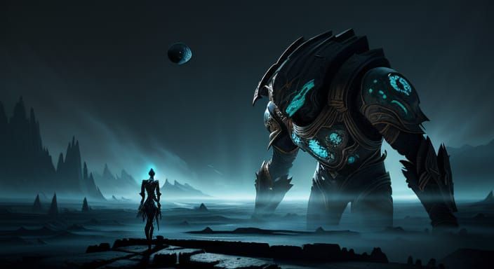 Female Warrior on Alien Planet Gazing at Shattered Moon