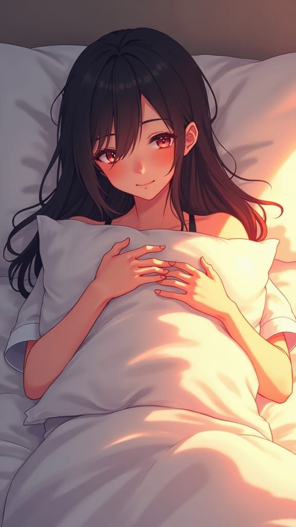 Anime Woman in Bed with Pillow in Studio Trigger Style