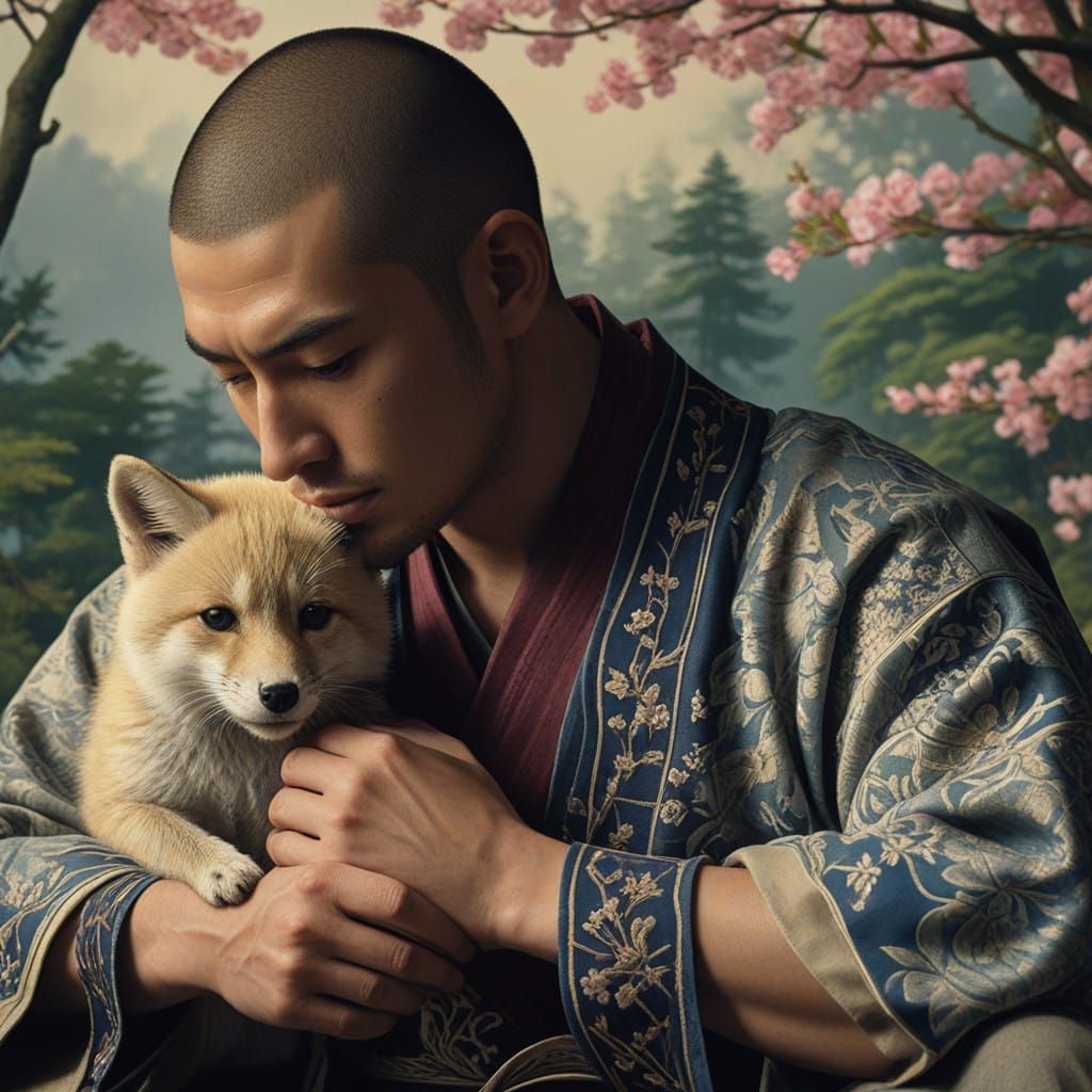 Surreal Samurai Contemplates Loss in a Dreamlike Cherry Blos...