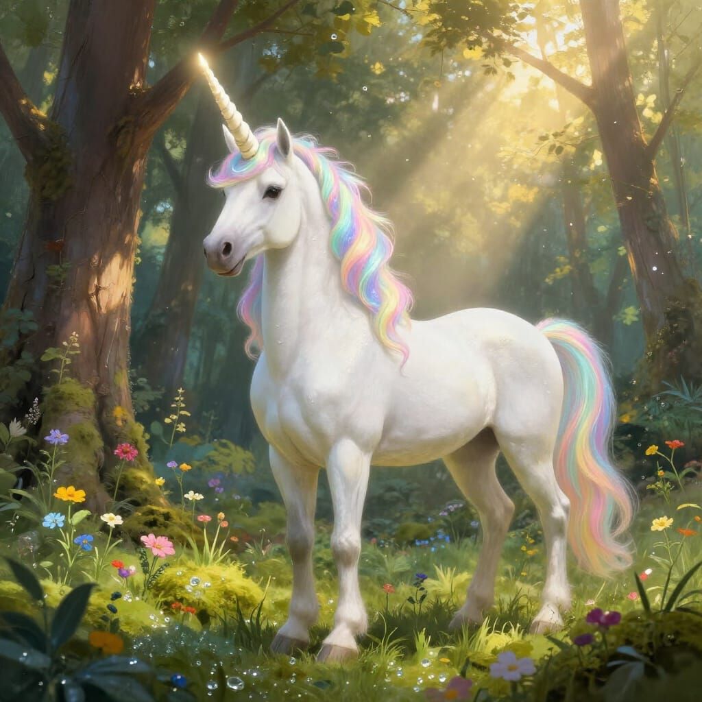Majestic Unicorn in Sunlit Forest Clearing