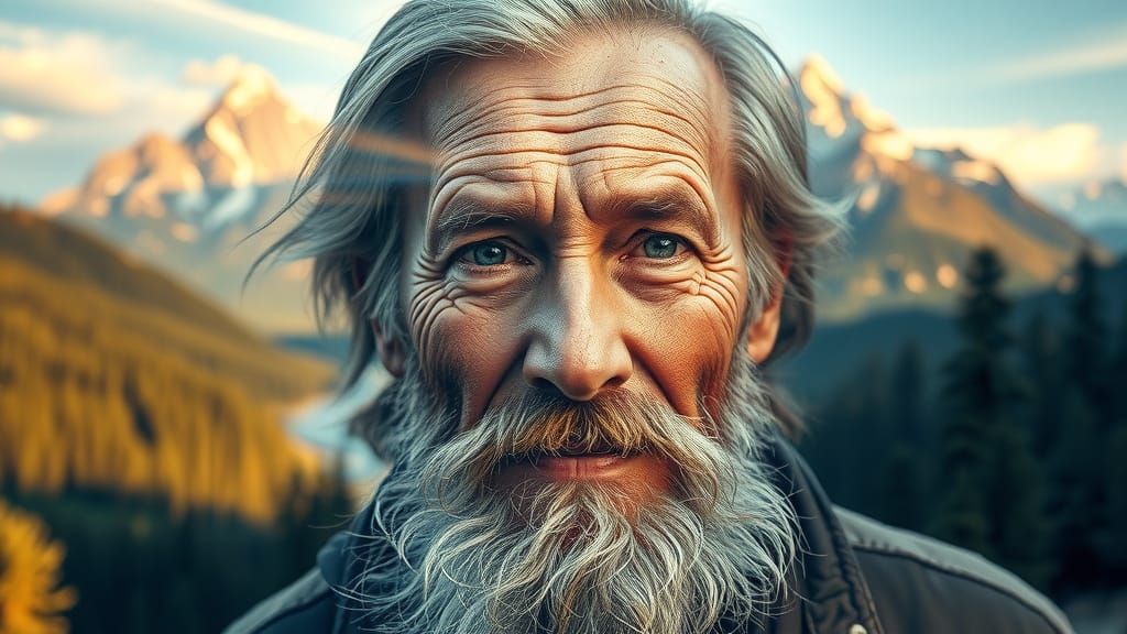 Old Man's Portrait Merged with Mountain Landscape