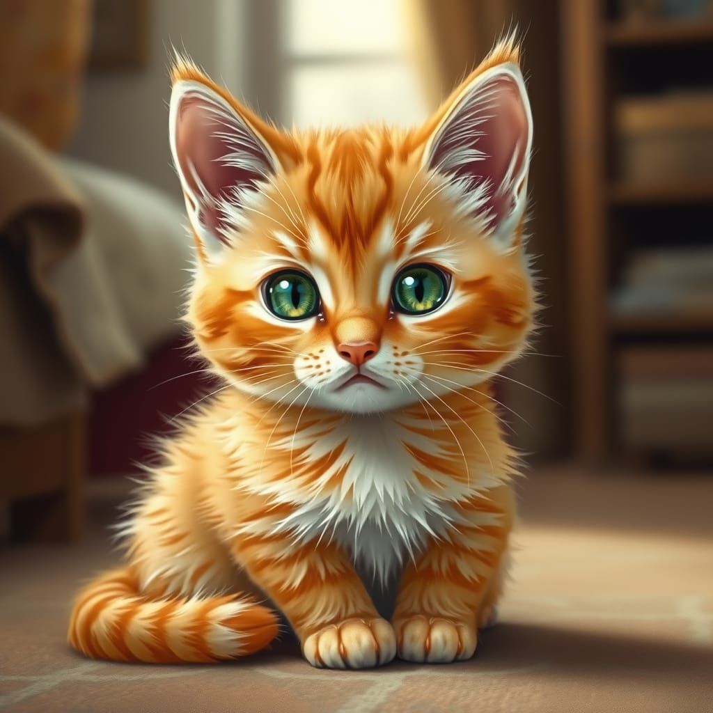Sad Orange Kitten in Cozy Room, Realistic Style