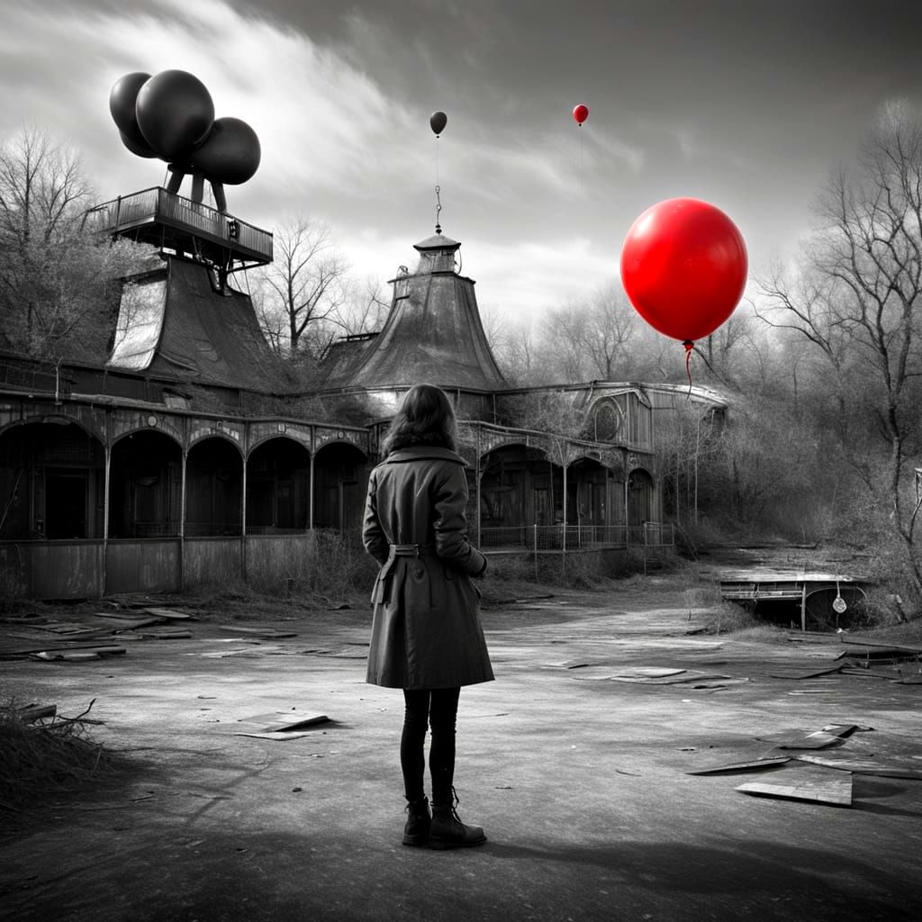 Girl with Red Balloon in Abandoned Park