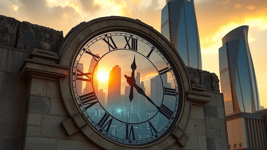 Ancient Clock Tower Meets Futuristic Cityscape