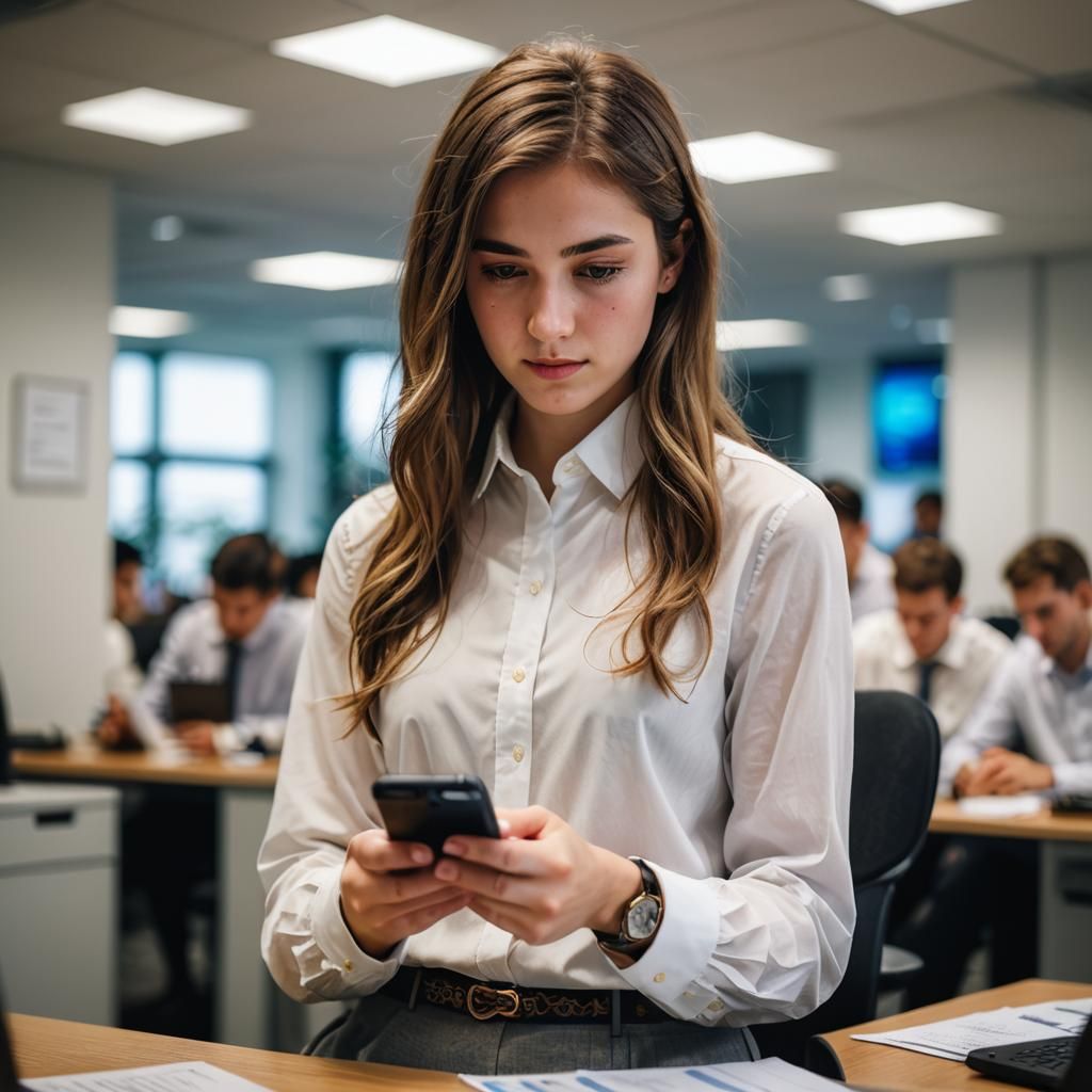 Woman in Office with Mobile Phone, Bokeh Effect