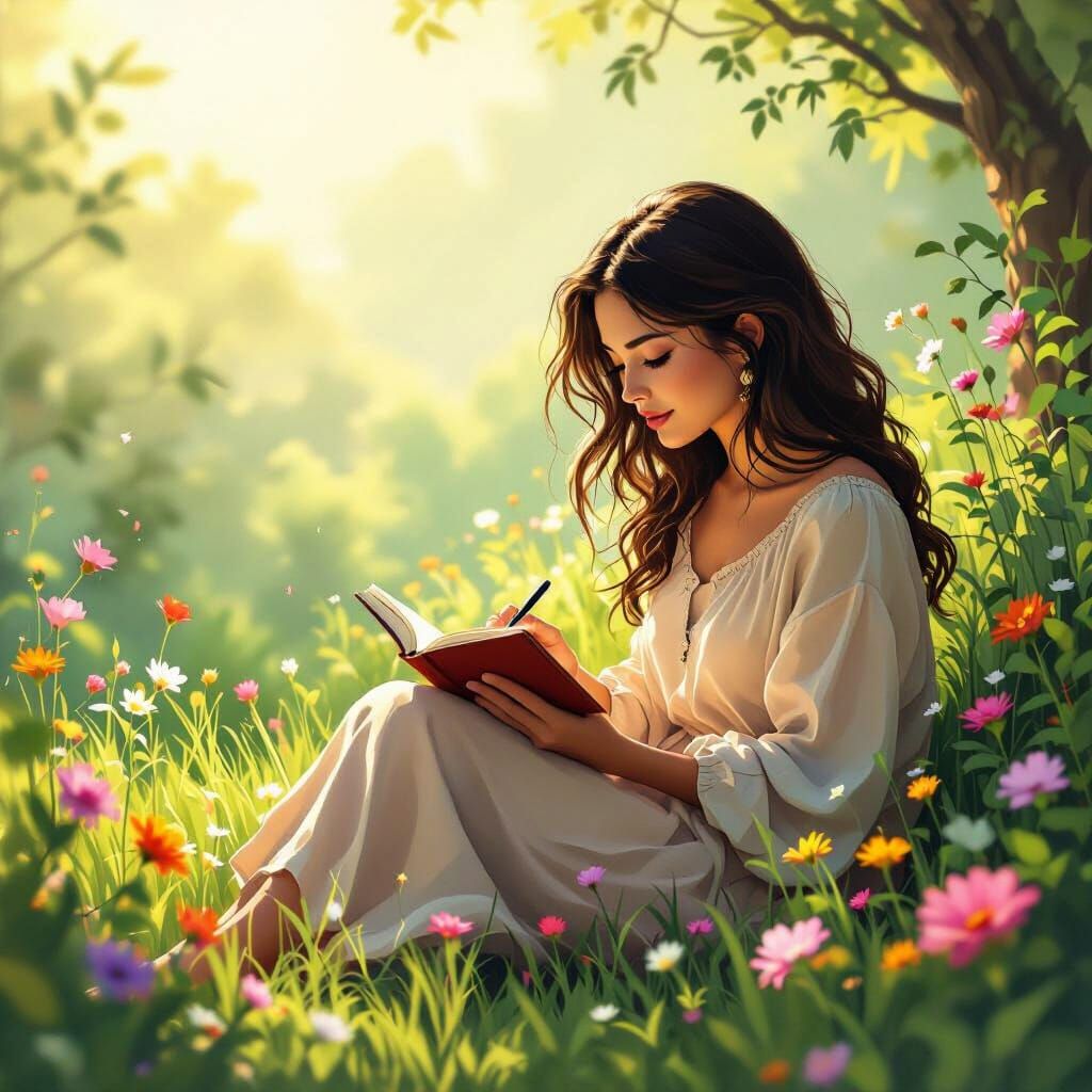 Ethereal Woman Journaling in Lush Nature