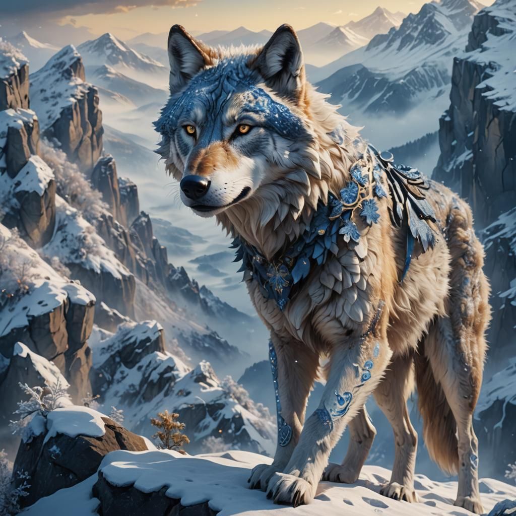 Wolf Humanoid in Snowy Mountains: Digital Matte Painting