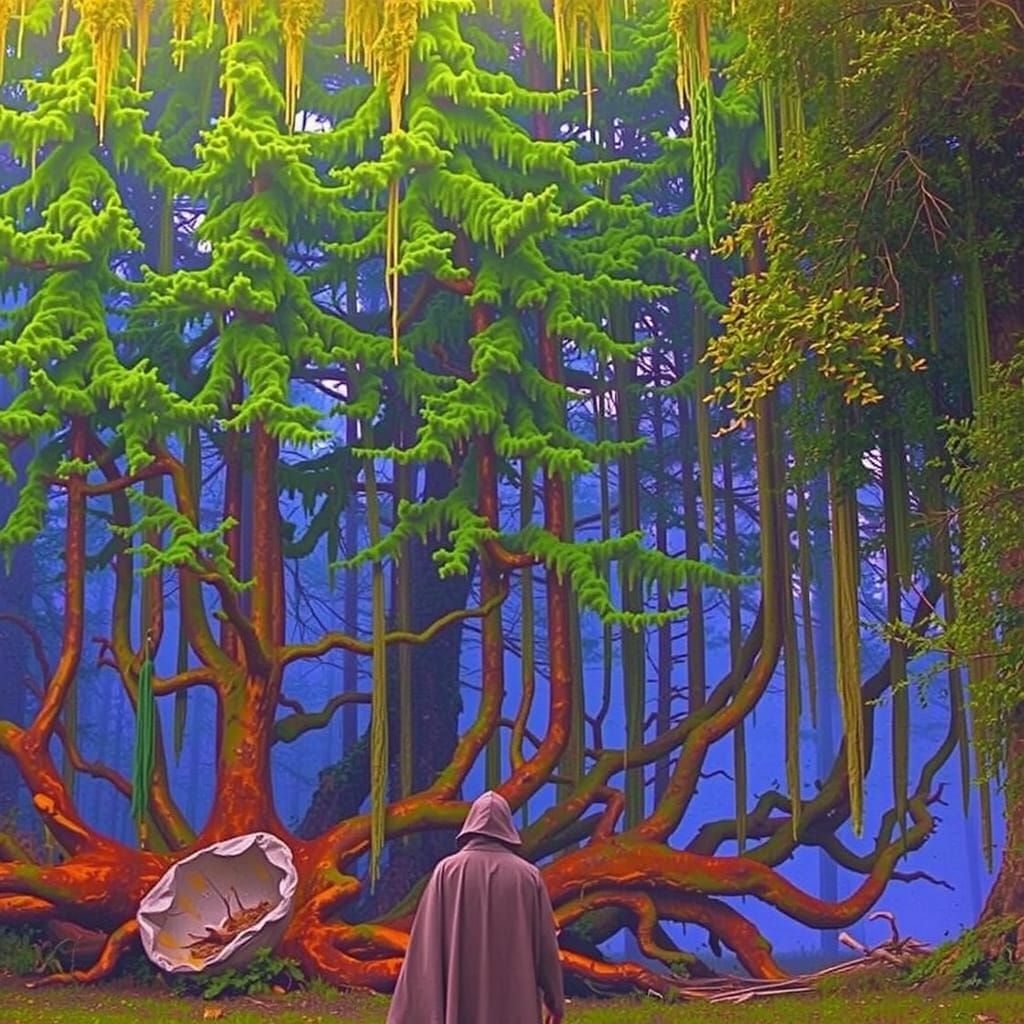 Mysterious Figure in Foggy Forest, Digital Art