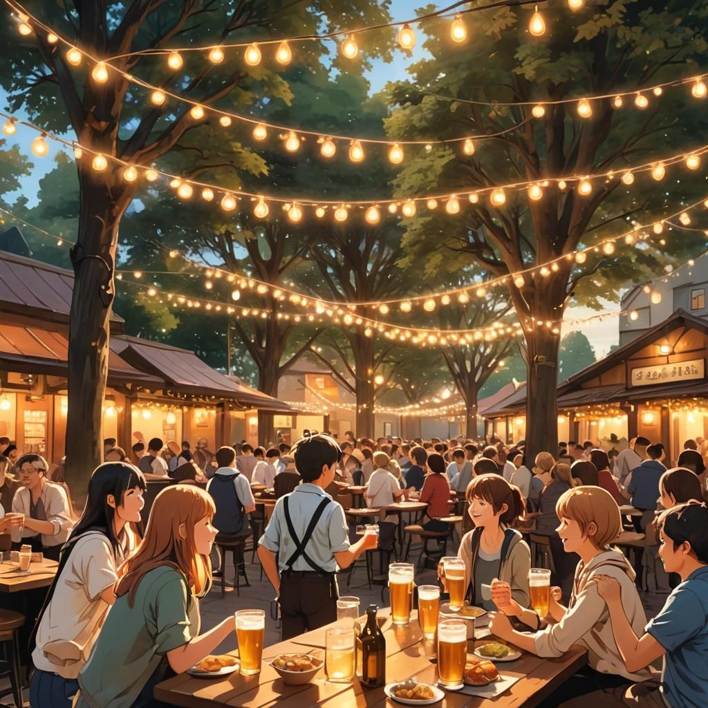 Cozy Anime Beer Garden with Frothy Beer