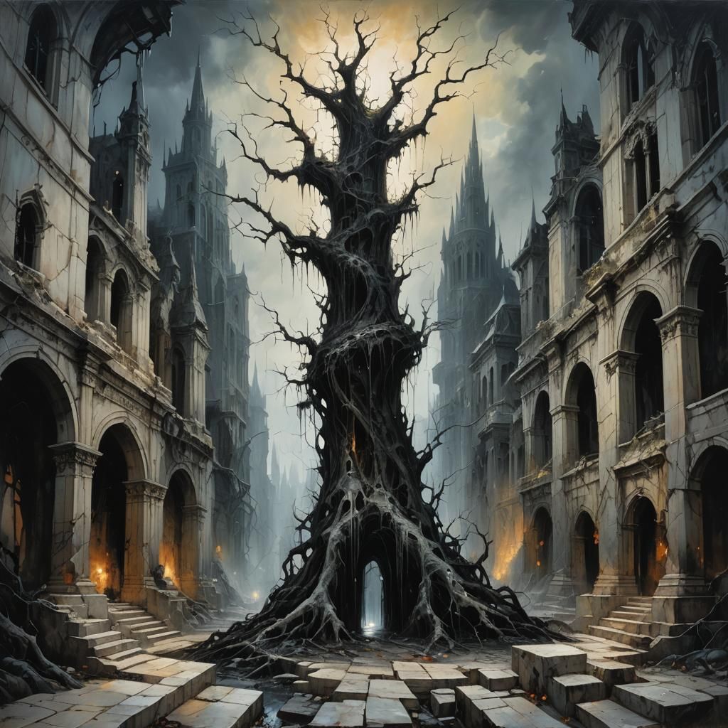 Creeping Darkness Consumes Angelic City: Oil Painting