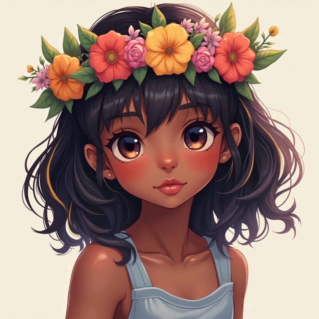 Digital Portrait of a Young Black Girl in a Floral Crown