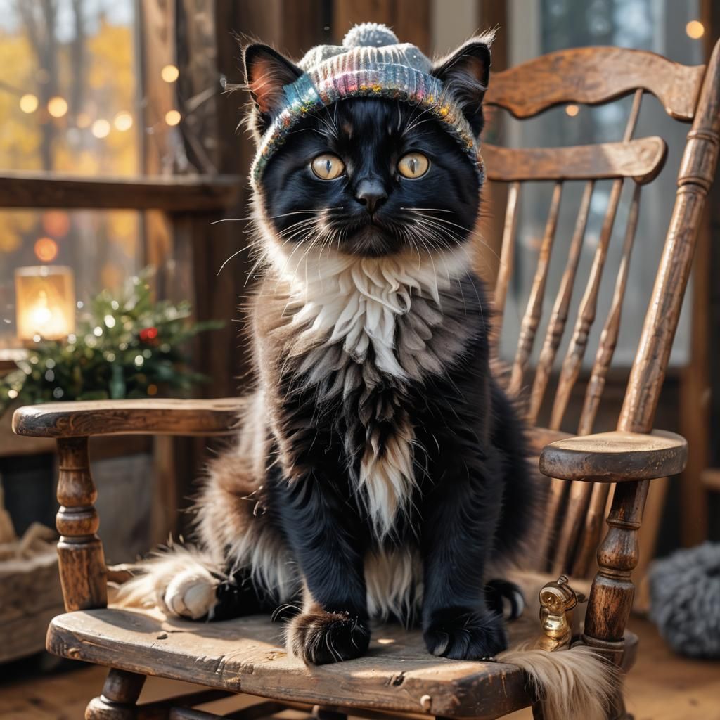 Cute Kitten in Wool Cap, Hyperrealistic Splash Art