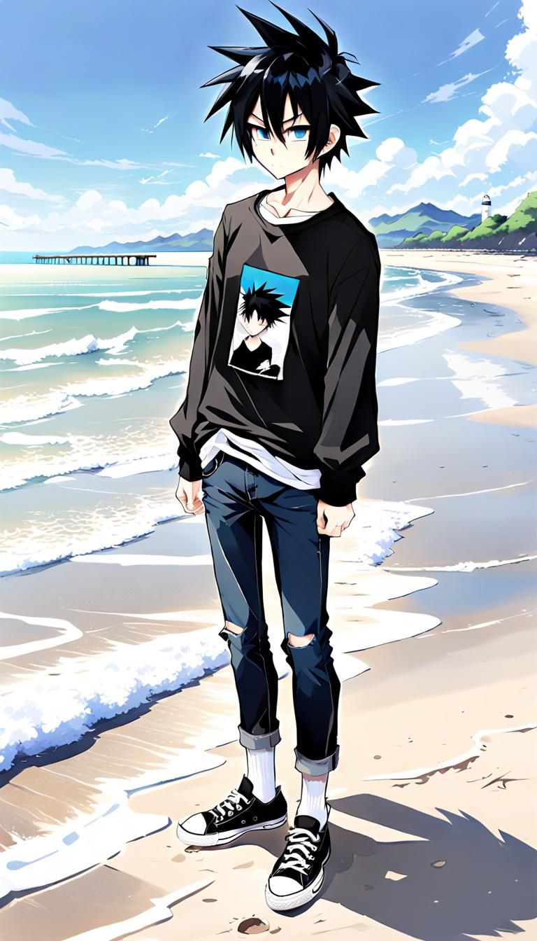 Anime Boy on Empty Beach in Anime Style