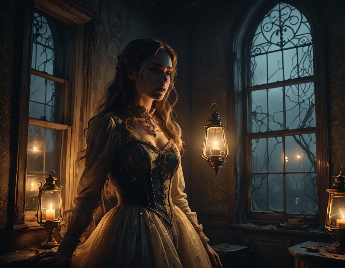 Abandoned Mansion with Translucent Spirit in Beksiński Style