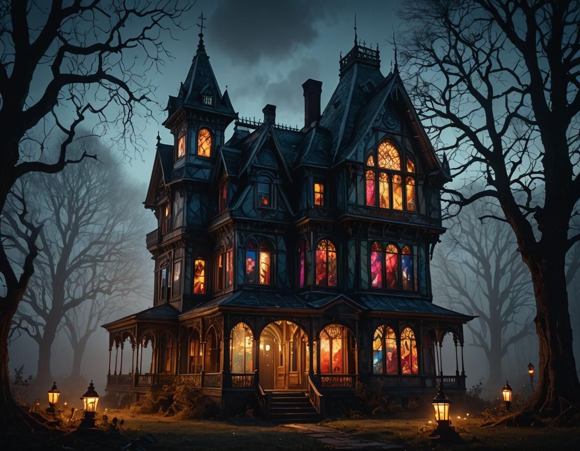 Haunted Victorian Mansion with Ethereal Spirit