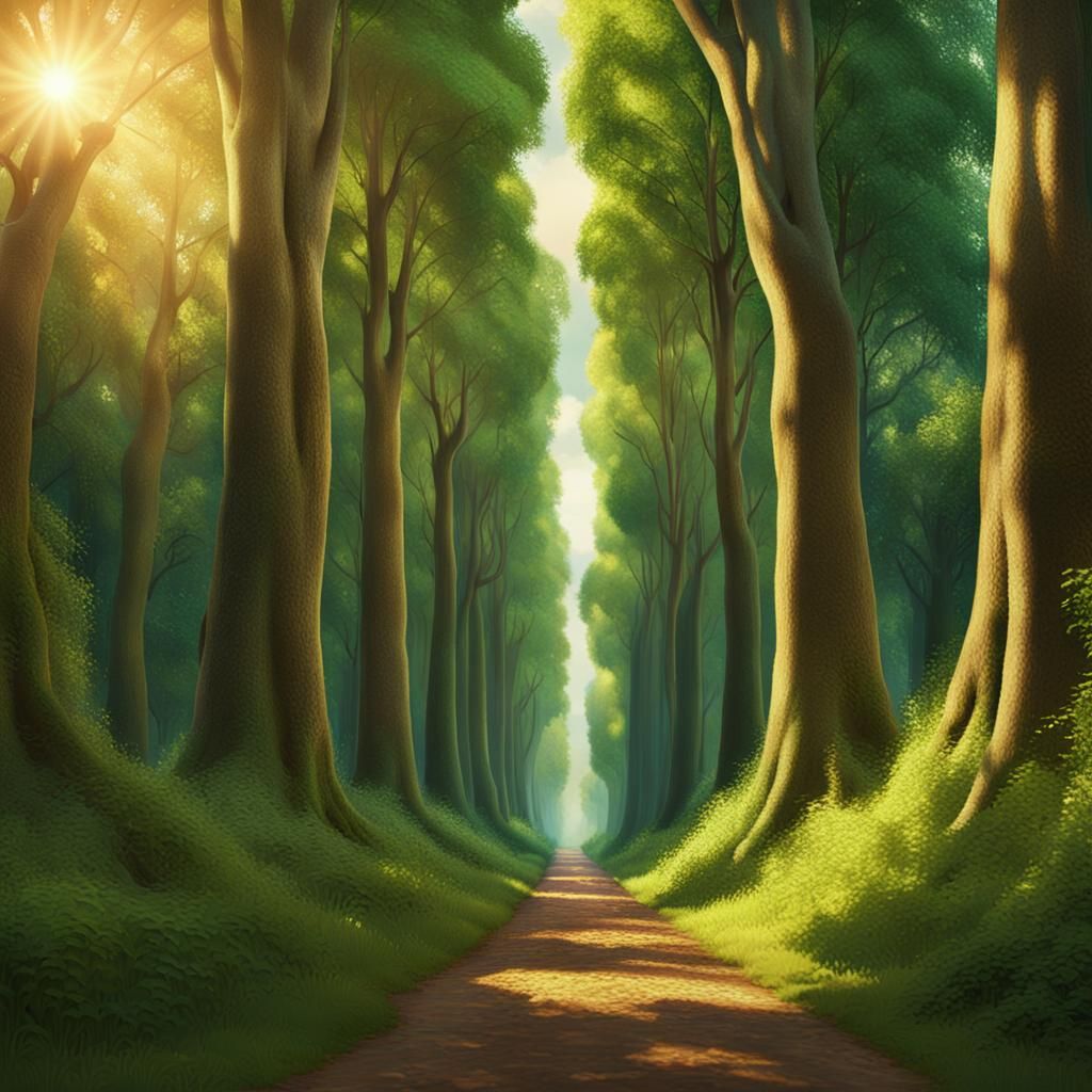 Lush Green Tree Alley in Oil Painting Style